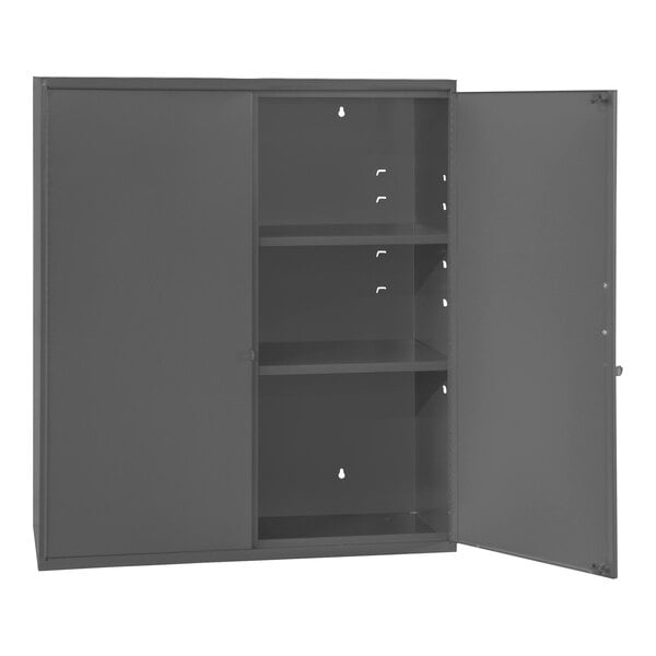 A grey metal Durham wall-mounted storage cabinet with open doors.