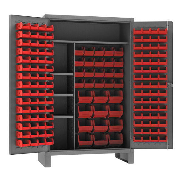 A large metal Durham maintenance cabinet with red bins on shelves.