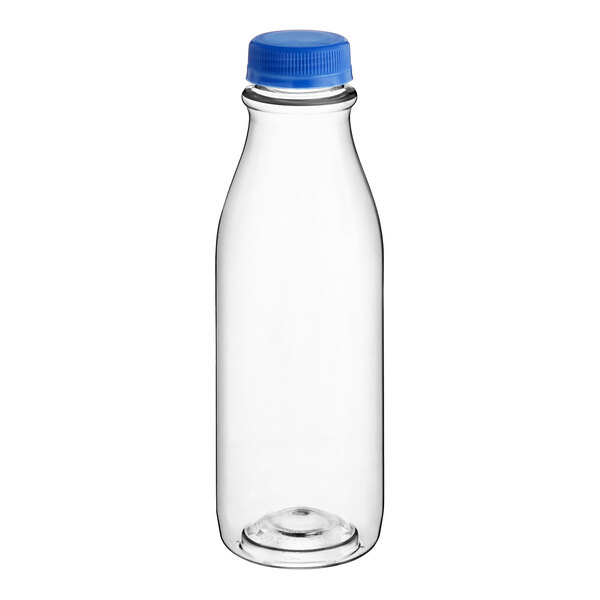 A clear plastic 16 oz. round carafe juice bottle with a blue lid.