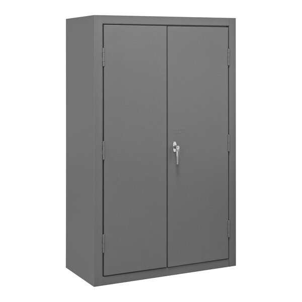 A gray metal shelf cabinet with lockable doors.