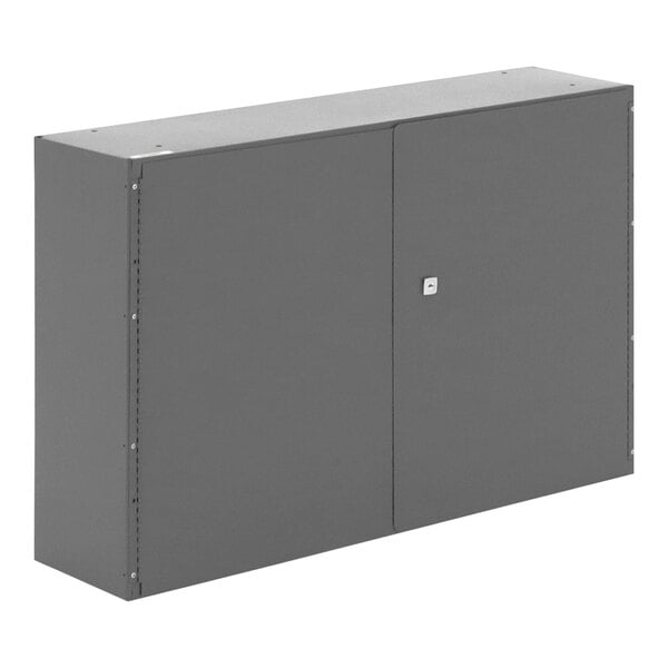 A grey metal Durham storage cabinet with a square door.