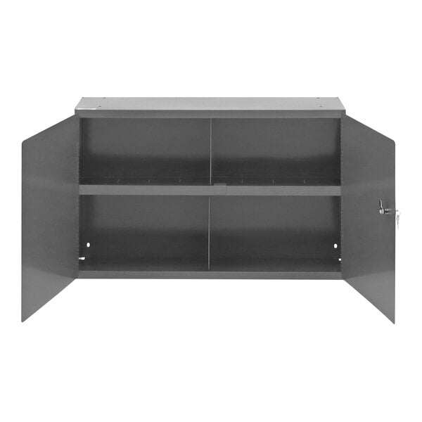 A grey metal Durham Mfg storage cabinet with one shelf.