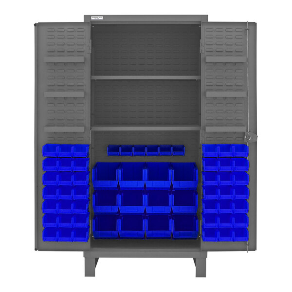A grey metal Durham storage cabinet with blue bins on shelves.