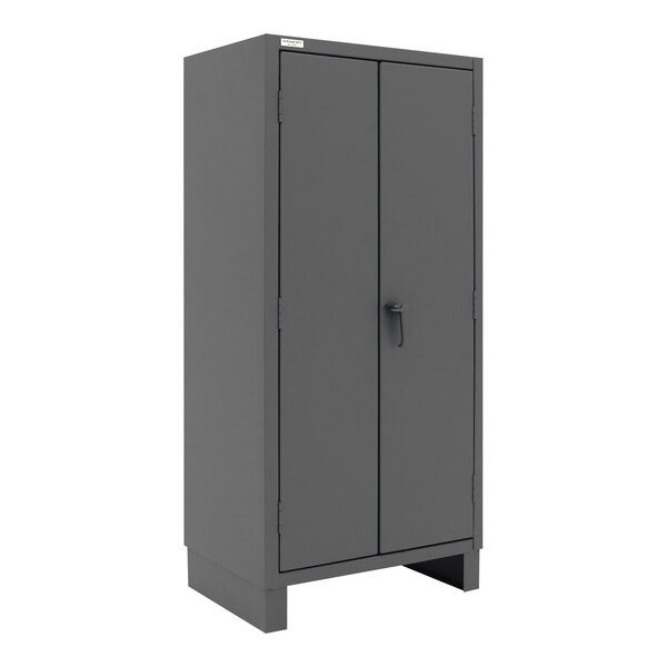 A grey metal Durham storage cabinet with two doors.