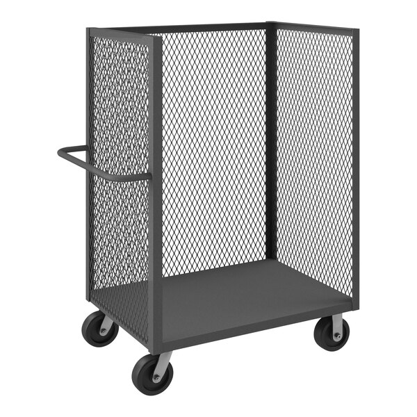 A black Durham Mfg steel mesh maintenance cart with wheels.