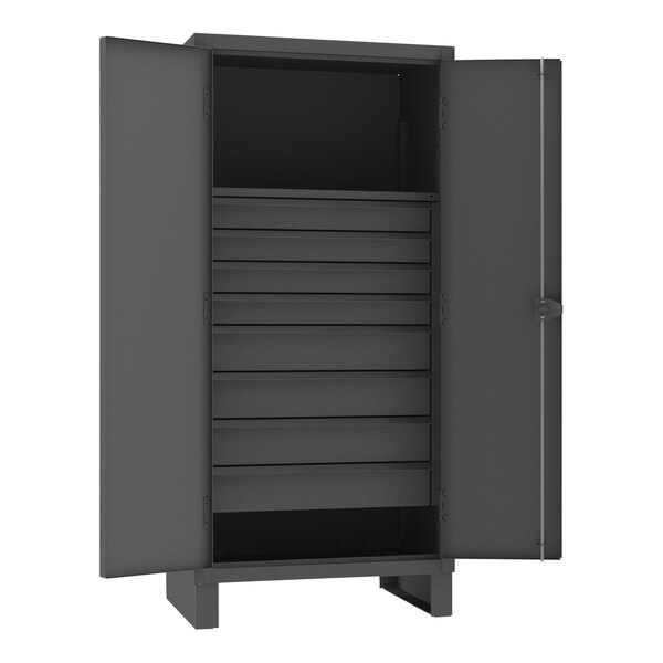 A black metal Durham Manufacturing storage cabinet with open doors and drawers.