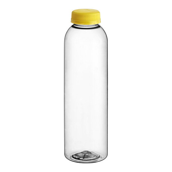 A 16 oz. clear round rPET juice bottle with a yellow lid.