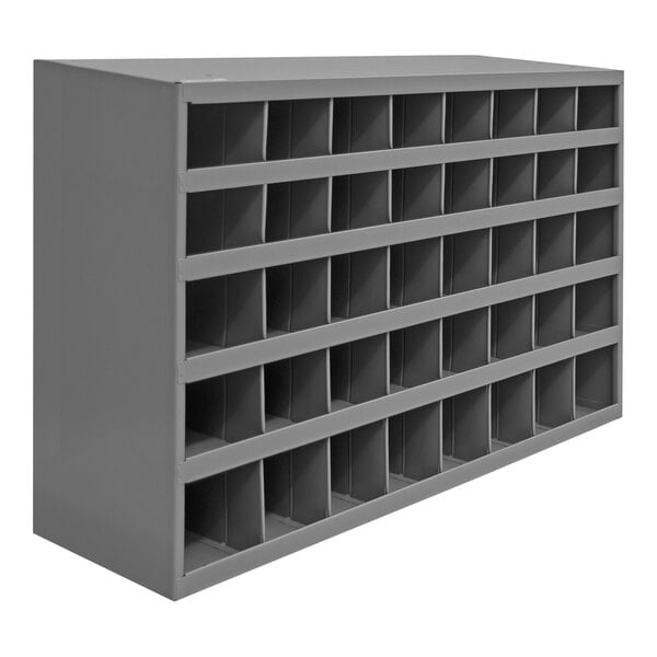 A grey metal Durham Manufacturing storage bin shelf with 40 openings.