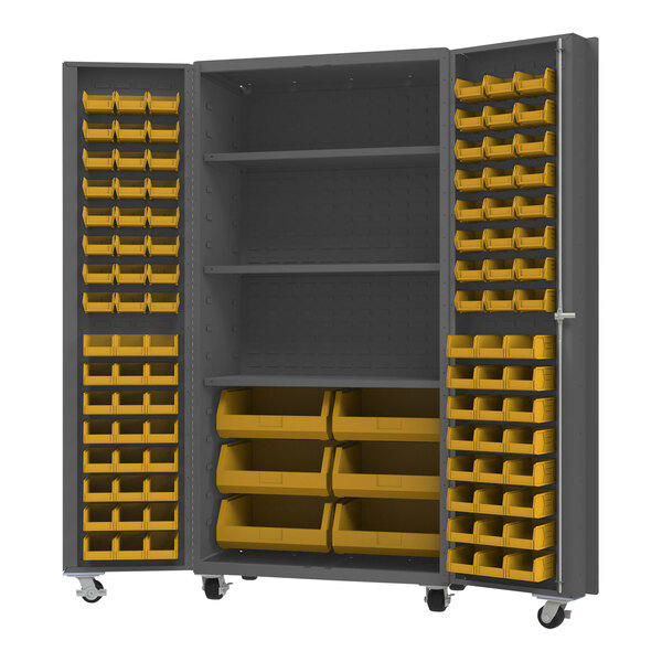 A grey metal Durham storage cabinet with yellow bins on shelves.