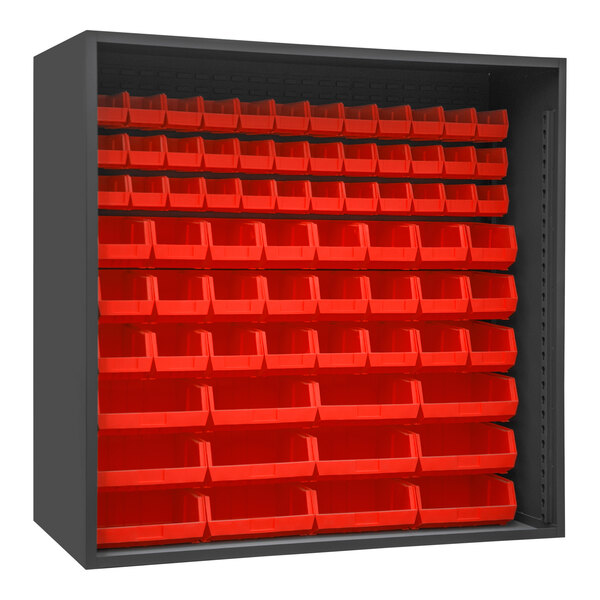 A black metal cabinet with red bins on shelves.