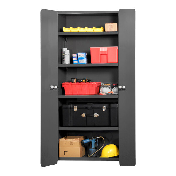 A grey Durham steel storage cabinet with tools and boxes.