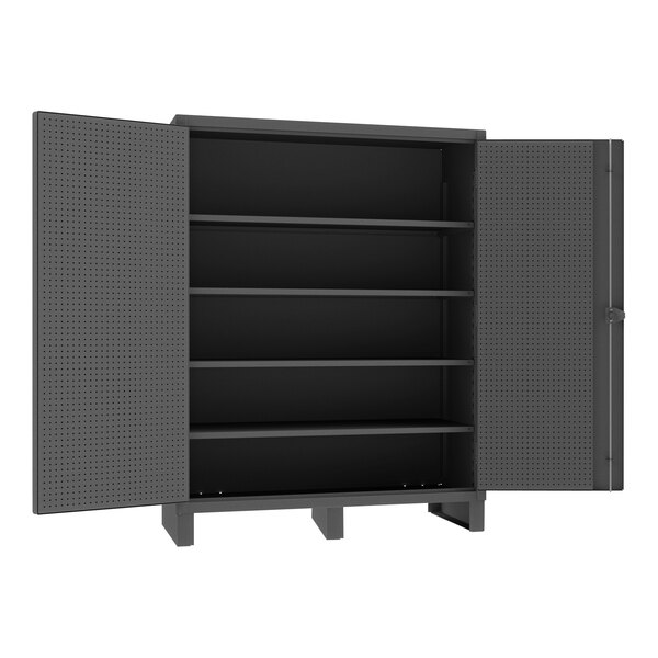 A gray metal cabinet with shelves and lockable doors.