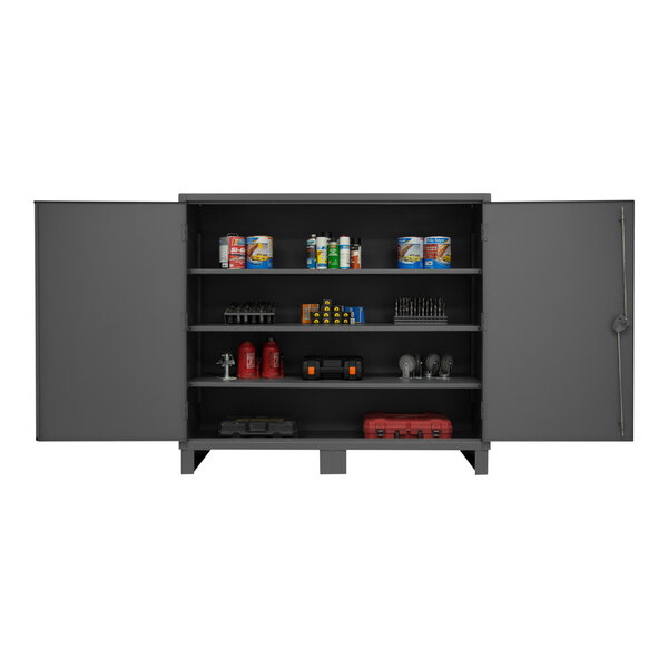 A gray 72" wide lockable cabinet with 3 adjustable shelves.