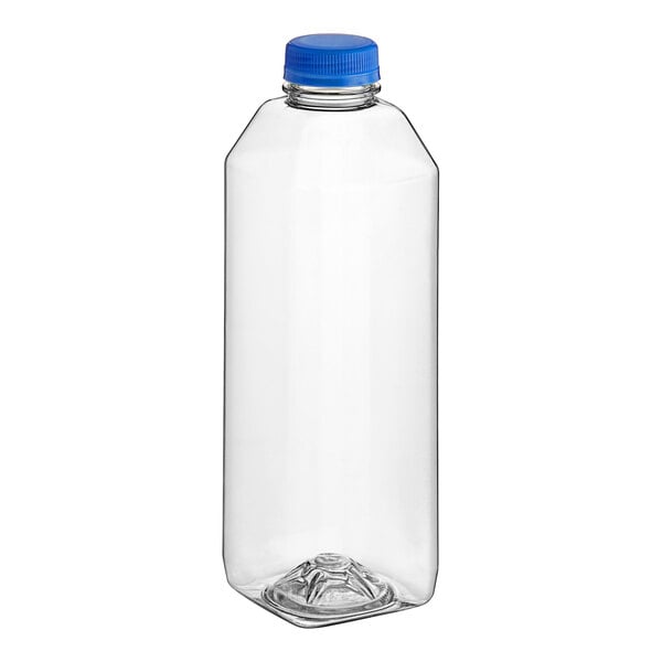 A clear plastic 32 oz. square juice bottle with a blue cap.