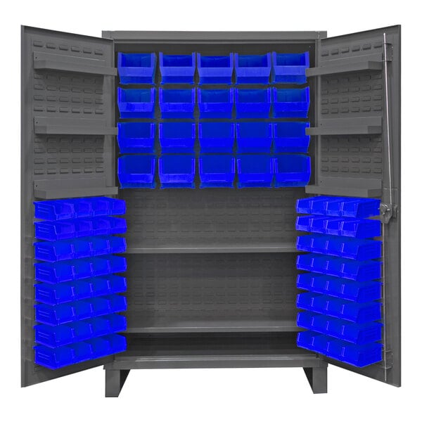 A large metal cabinet with blue bins on shelves.