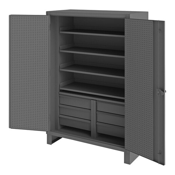 A grey Durham steel cabinet with shelves and doors.