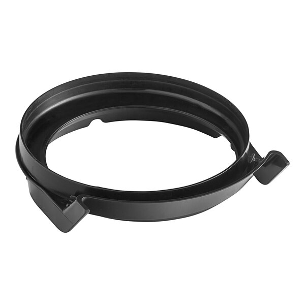 A black circular bowl flange with a metal handle.