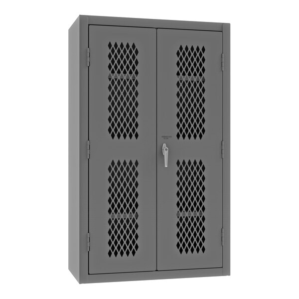 A gray metal ventilated cabinet with lockable mesh doors.