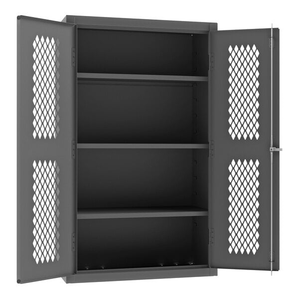 A gray metal storage cabinet with mesh doors and shelves.