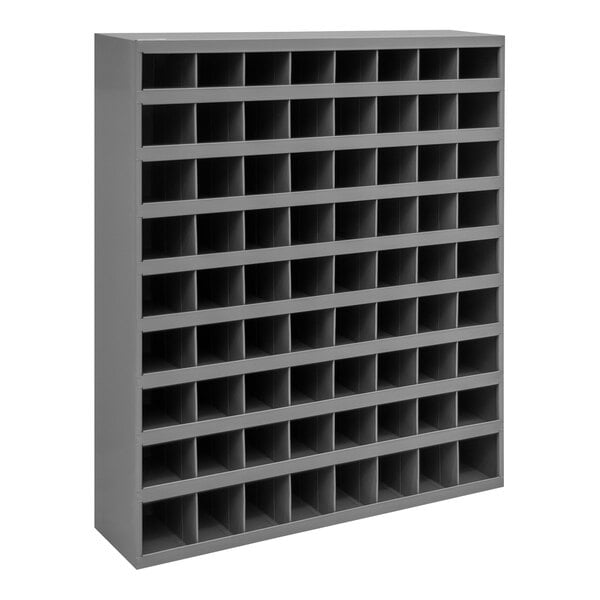 A grey Durham Mfg steel shelf with 72 square openings.