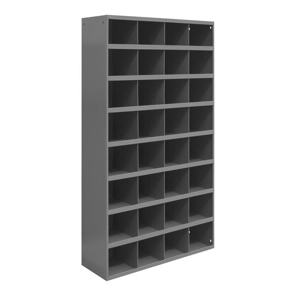 A grey Durham steel shelf with 32 square compartments.