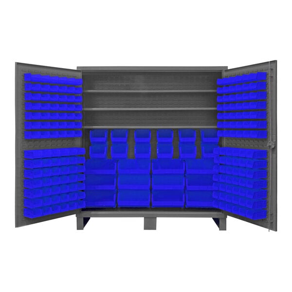 A large metal cabinet with blue bins on the shelves.