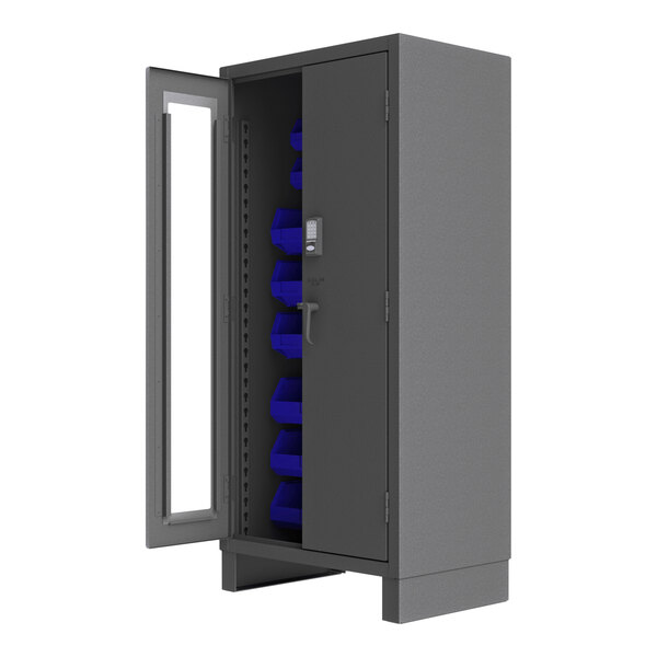 A grey metal storage cabinet with blue bins inside.