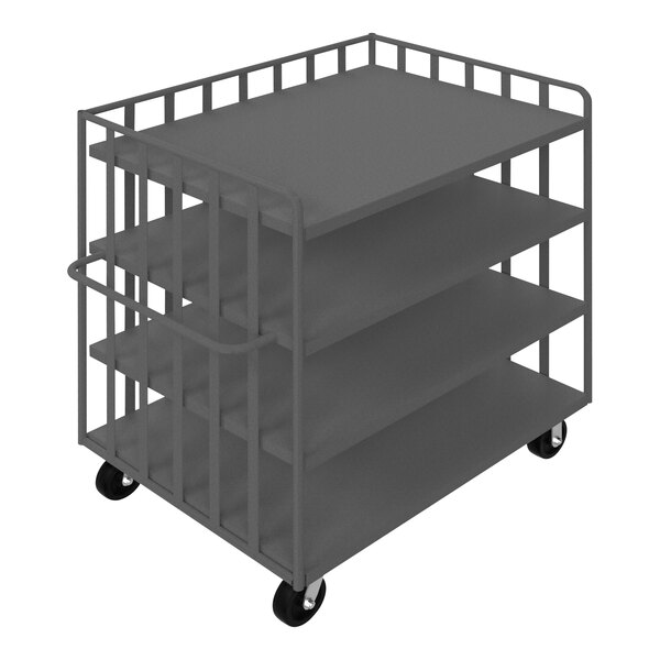 A gray Durham Mfg steel 4-shelf cart with wheels.