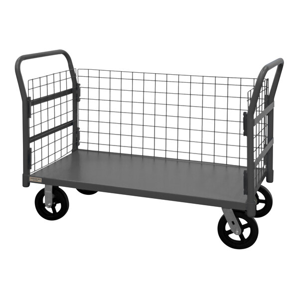 A gray metal Durham stock picking cart with black wheels and wire mesh on three sides.