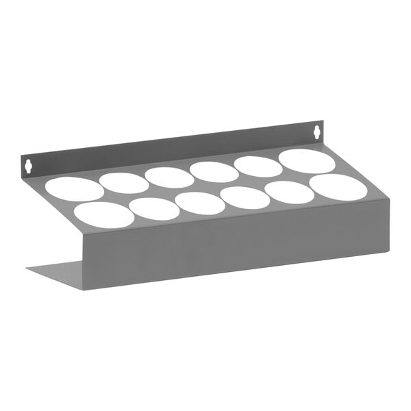 A gray metal rectangular Durham Mfg aerosol caddy with white circles on it.