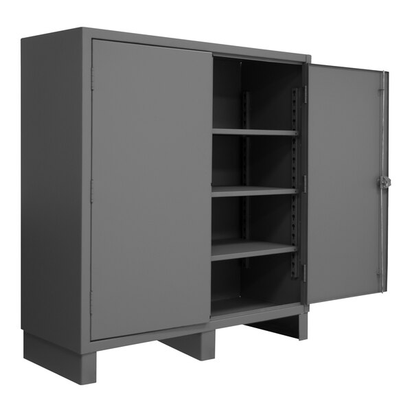 A gray metal 60" wide lockable cabinet with open recessed doors and three adjustable shelves.
