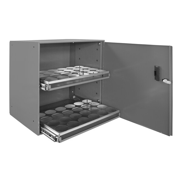 A gray metal Durham Mfg steel cabinet with shelves and drawers.