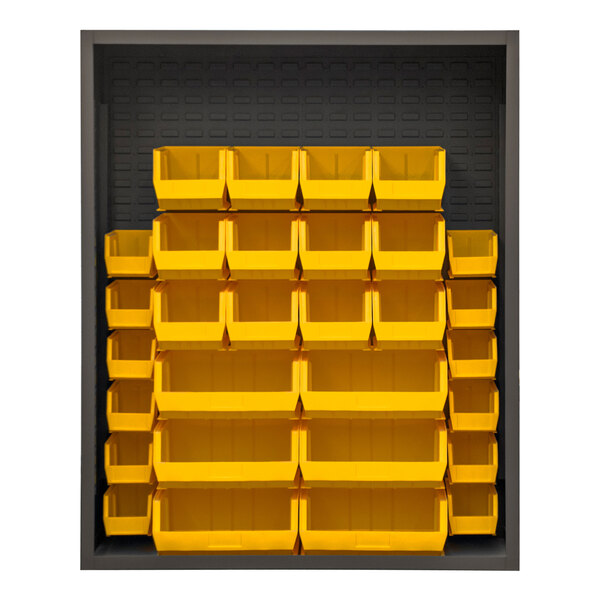 A black Durham enclosed bin rack filled with yellow bins.