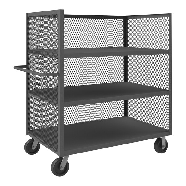 A black 3-tier metal Durham maintenance cart with mesh sides and wheels.