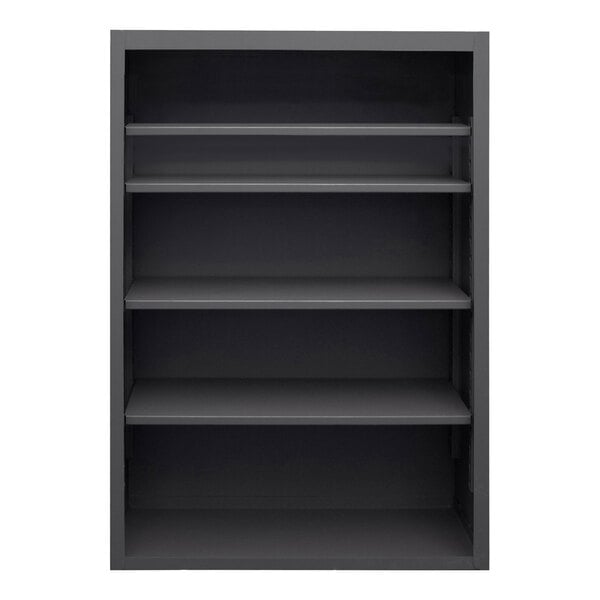 A black metal Durham Mfg enclosed shelving cabinet with four shelves.