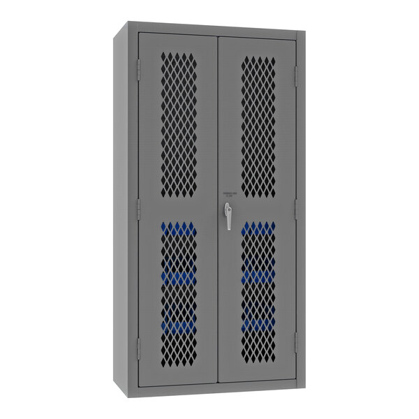 A grey steel storage cabinet with blue ventilated doors.