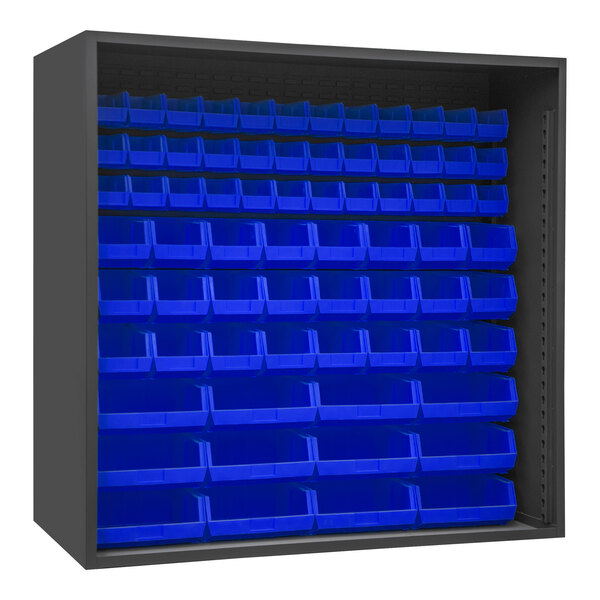 A black metal cabinet with blue plastic bins on a shelf.