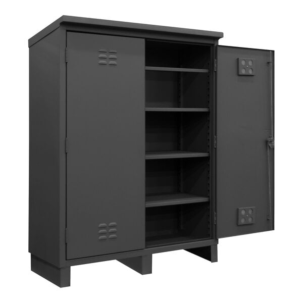 A gray metal cabinet with shelves and a lockable door.