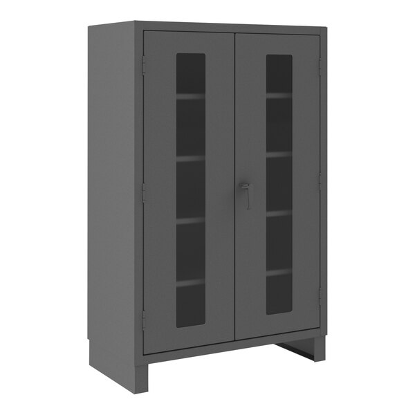 A gray lockable cabinet with recessed doors.