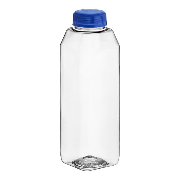A clear plastic 16 oz. tall square juice bottle with a blue cap.