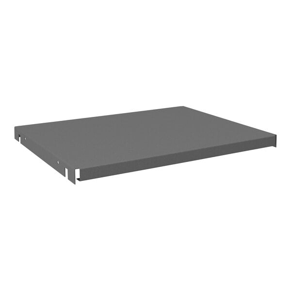 A grey metal rectangular shelf with holes.