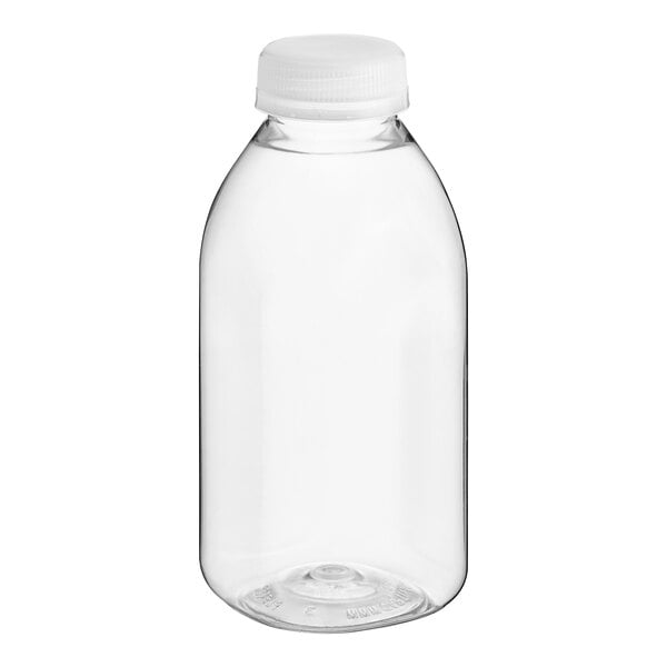 A clear plastic Square Milkman juice bottle with a clear plastic lid.