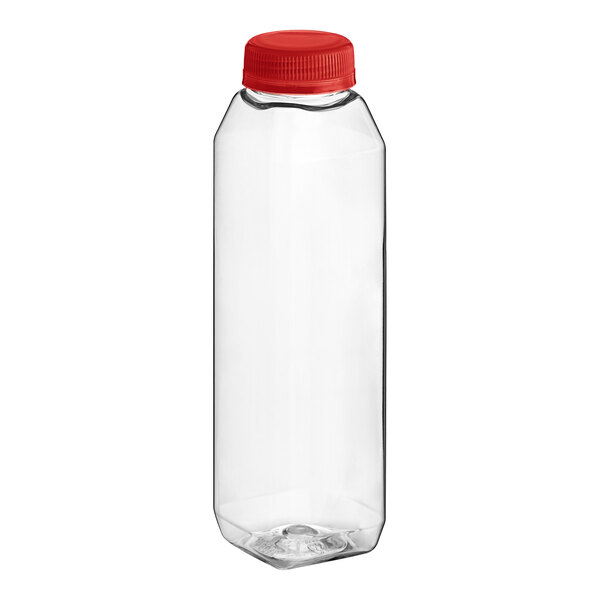 A clear plastic juice bottle with a red lid.