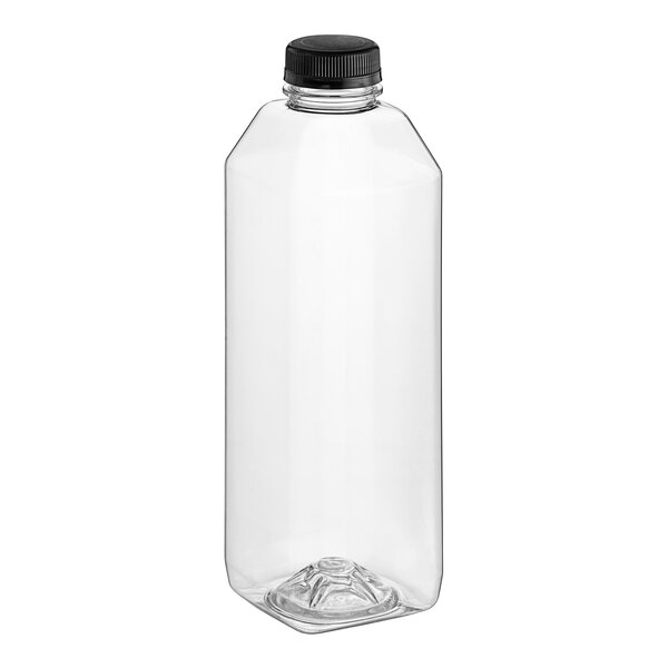 A 32 oz. clear plastic square juice bottle with a black lid.