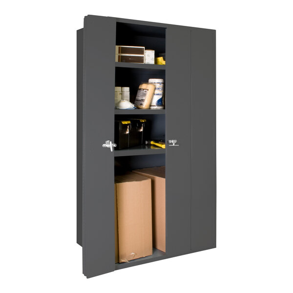 A gray metal Durham storage cabinet with shelves.