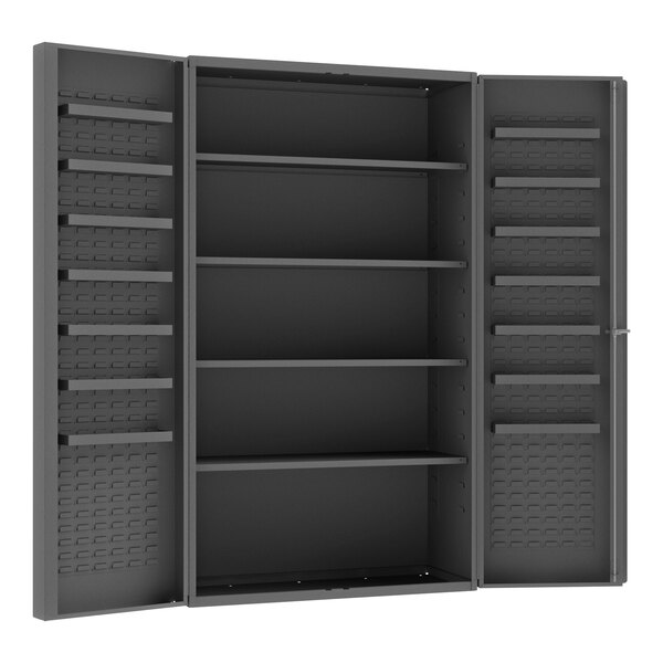 A black metal Durham storage cabinet with shelves and louvered doors.