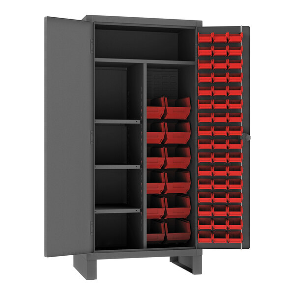 A Durham metal cabinet with red bins on shelves.
