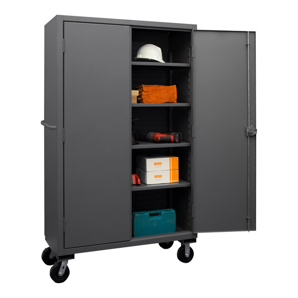 A large gray metal Durham storage cabinet with shelves.