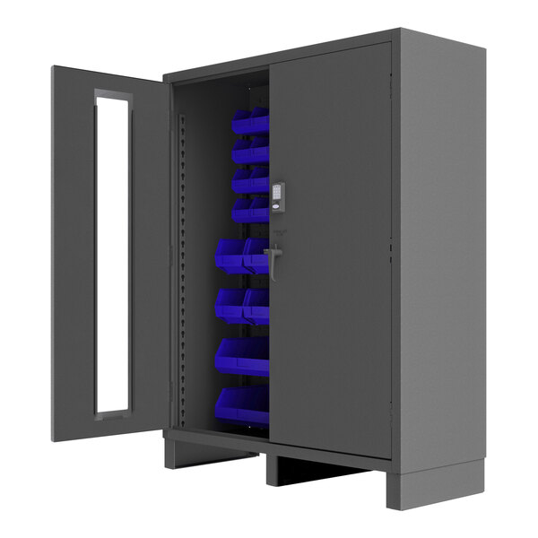 A grey metal Durham storage cabinet with blue bins.