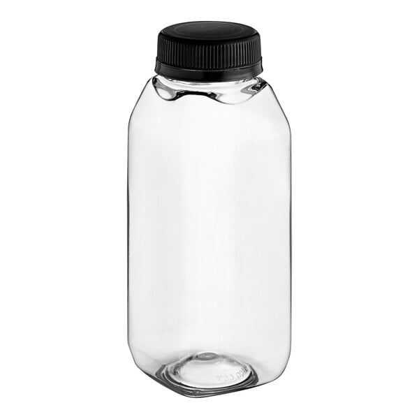 A clear plastic Tall Square PET juice bottle with a black lid.
